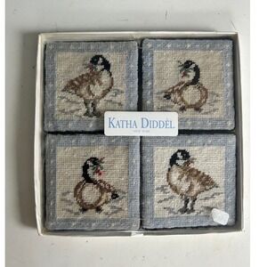 VTG Katha Diddel Cottagecore Needlepoint Coasters Set Birds Country Christmas
